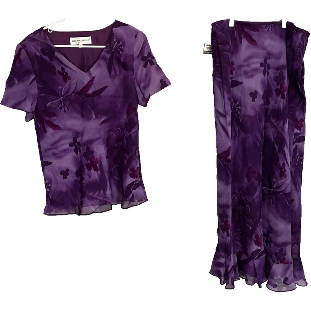 Donna Ricco Skirt Set Women 12 Purple Floral 2 Piece Top Ruffle Hem Made USA NWT